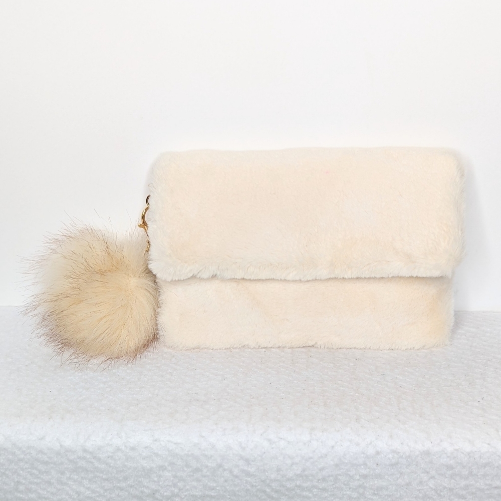 Faux Fur Crossbody Bag With Pom Detachable Gold Crossbody Chain Off White - Picture 2 of 13